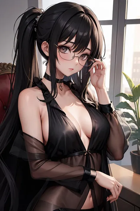 Highest quality,Highest Resolution,A woman in a seductive high-leg leotard,Mouth open, tears and saliva flowing,Dimly lit Western-style room at night,On the bed,Glasses,