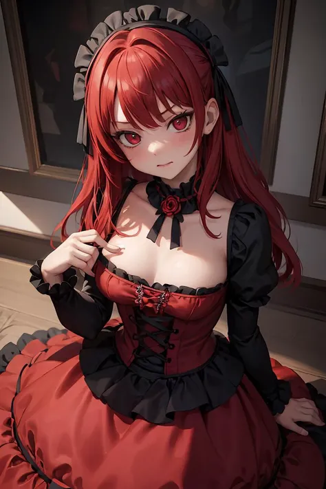 (masterpiece, best quality), 1girl, red hair, medium chest, gothic frill dress, pervert face,