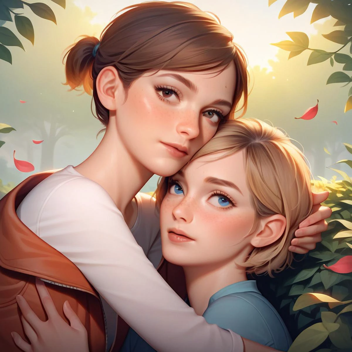 score_10,score_9, score_8_up, score_7_up, score_6_up, score_5_up, anime, anime style, 2girls, sarah miller(beautiful, petite, white skin, blonde, short hair, blue eyes) Ellie (TLOU_ew, petite, white skin, dark brown hair, short messy ponytail, brown eyes,) ellie hugging sarah, in a park <lora:add-detail-xl:0.6> <lora:sarah_tlou_sdxl_v3:1.0> <lora:fondle_by_hands_lora01:1.0> <lora:TLOUEllie:1> <lora:Smooth Anime Style LoRA XL:1> <lora:lora_TLOU_EW_5thAnyLORA:1>