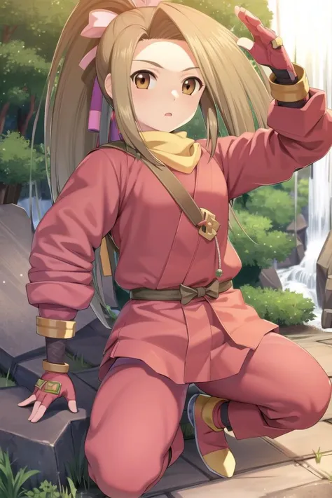 outdoors, waterfall, <lora:fujibayashi_suzu:1>,1girl, solo, full body, fujibayashi suzu, shoulder belt, tales of phantasia, sword on back,