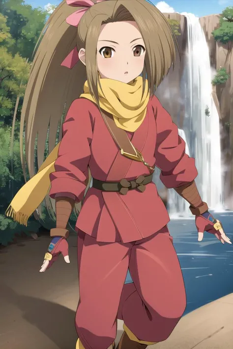 outdoors, waterfall, <lora:fujibayashi_suzu:1>,1girl, solo,  full body,   fujibayashi suzu, scarf,  shoulder belt,  tales of phantasia,