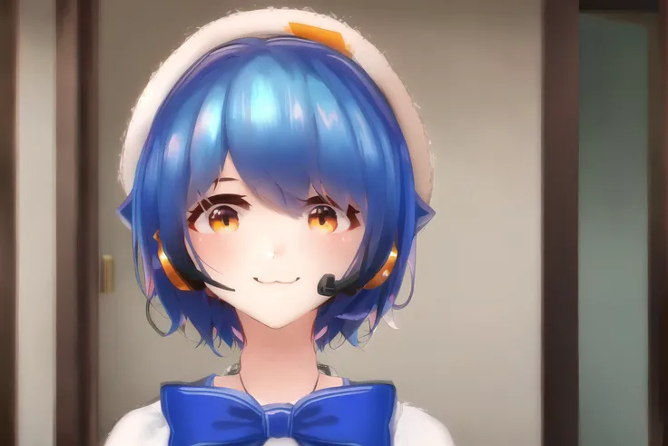 1girl, <lora:mana5:0.95>, short hair, blue hair, orange eyes, :3, bangs, beret, bow, bowtie, chair, door, hair between eyes, hat, headset, indoors, looking at viewer, meme, pink bow, purple bow, smile, solo, white headwear