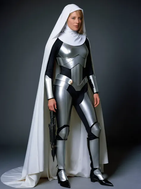 Photorealism <lora:LizaKozlovskiSDXL-000009:1>,(full-body photo:1.4) of LizaKozlovskiSDXL wearing a nun (futuristic battle armor:1.3), Photorealism, often for highly detailed representation, photographic accuracy, or visual illusion.