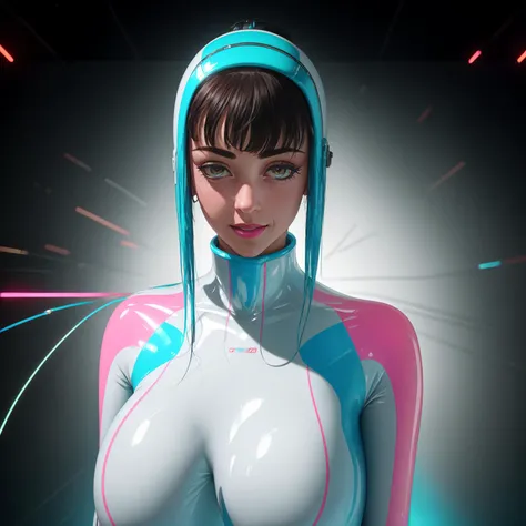 close-up happy smm with very long eyelashes, long brown hair and  large breasts, (wearing a skintight pink, white and cyan striped latex suit), tessellated walls made of glitchy pixelated monitors held together by a tangle of wires, space invaders in the sky lots of fine details, sci-fi movie style, photography, natural light, photorealism, cinematic rendering, ray tracing, the highest quality, the highest detail, Cinematic, Third-Person View, Blur Effect, Long Exposure, 8K, Ultra-HD, Natural Lighting, Moody Lighting, Cinematic Lighting <lora:smm_v05:1>