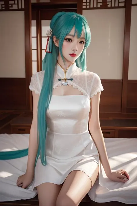 best quality, masterpiece, real,realistic, photo,photorealistic,looking at viewer,
1girl, beautifly face,miku-shaohuaqipao,indoors, east asian architecture, bedroom, sitting on object, very long hair, white dress,ribbon, front-tie top,
<lora:miku shaohuaqipao_v2_01:0.5>
