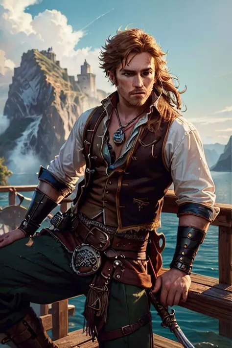 action shot,((Scottish King of the pirates))(1boy), dungeons and dragons (pirate), dashing, handsome, rogue, daring swashbuckler holding a sword, adventures, eyes glowing with greed, (loose white billowing shirt), hairy chest, leg up, dynamic action pose, dynamic angle,rugged middle aged 50 year old scoundrel, battle hardened, masculine aura, relaxed design, (standing on the deck of a pirate ship), (rich environment),detailed background, fantasy background, realistic, photorealistic, ultra realistic, 8k, (illustration:1.1), (perfect details:1.1), landscape, background, abstract, hard lighting, rim lighting, (8k) (best quality:1.4), (masterpiece:1.3), ultra-detailed <lora:add_detail:1> <lora:Reel_WHorror_1_2_9_ReWo_n:1> landscape, background,(intricate details, hyperdetailed:1.15) abstract, hard lighting, rim lighting, (8k) (best quality:1.4), (masterpiece:1.3), ultra-detailed <lora:add_detail:1> <lora:epi_noiseoffset2:1>,intricate artwork, sharp, 8k, breathtaking, crystalline, , filigree, hyperrealism, lush detail, poster, perfectionism, sharp focus, <lora:detail_slider_v4:2> <lora:eyes:1><lora:Elixir:1>