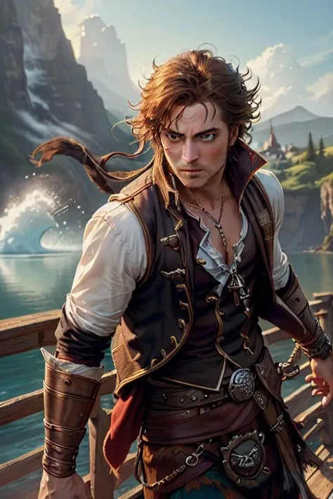 action shot,((Scottish King of the pirates))(1boy), dungeons and dragons (pirate), dashing, handsome, rogue, daring swashbuckler holding a sword, adventures, eyes glowing with greed, (loose white billowing shirt), hairy chest, leg up, dynamic action pose, dynamic angle,rugged middle aged 50 year old scoundrel, battle hardened, masculine aura, relaxed design, (standing on the deck of a pirate ship), (rich environment),detailed background, fantasy background, realistic, photorealistic, ultra realistic, 8k, (illustration:1.1), (perfect details:1.1), landscape, background, abstract, hard lighting, rim lighting, (8k) (best quality:1.4), (masterpiece:1.3), ultra-detailed <lora:add_detail:1> <lora:Reel_WHorror_1_2_9_ReWo_n:1> landscape, background,(intricate details, hyperdetailed:1.15) abstract, hard lighting, rim lighting, (8k) (best quality:1.4), (masterpiece:1.3), ultra-detailed <lora:add_detail:1> <lora:epi_noiseoffset2:1>,intricate artwork, sharp, 8k, breathtaking, crystalline, , filigree, hyperrealism, lush detail, poster, perfectionism, sharp focus, <lora:detail_slider_v4:2> <lora:eyes:1><lora:Elixir:1>