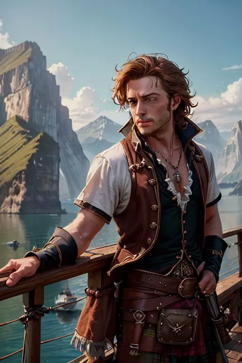 action shot,((Scottish King of the pirates))(1boy), dungeons and dragons (pirate), dashing, handsome, rogue, daring swashbuckler holding a sword, adventures, eyes glowing with greed, (loose white billowing shirt), hairy chest, leg up, dynamic action pose, dynamic angle,rugged middle aged 50 year old scoundrel, battle hardened, masculine aura, relaxed design, (standing on the deck of a pirate ship), (rich environment),detailed background, fantasy background, realistic, photorealistic, ultra realistic, 8k, (illustration:1.1), (perfect details:1.1), landscape, background, abstract, hard lighting, rim lighting, (8k) (best quality:1.4), (masterpiece:1.3), ultra-detailed <lora:add_detail:1> <lora:Reel_WHorror_1_2_9_ReWo_n:1> landscape, background,(intricate details, hyperdetailed:1.15) abstract, hard lighting, rim lighting, (8k) (best quality:1.4), (masterpiece:1.3), ultra-detailed <lora:add_detail:1> <lora:epi_noiseoffset2:1>,intricate artwork, sharp, 8k, breathtaking, crystalline, , filigree, hyperrealism, lush detail, poster, perfectionism, sharp focus, <lora:detail_slider_v4:2> <lora:eyes:1><lora:Elixir:1>