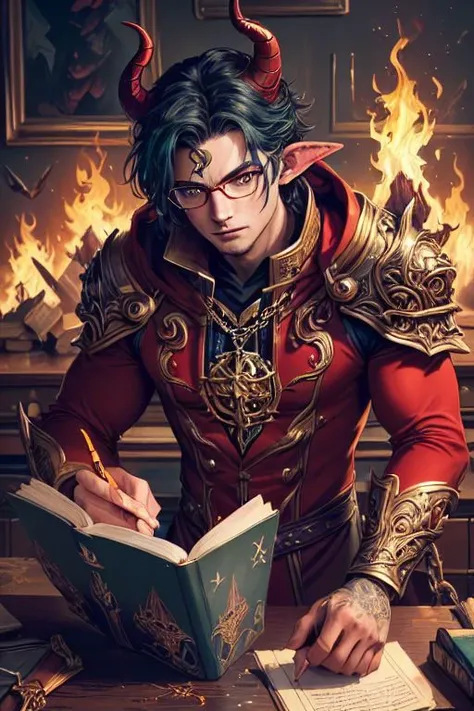 1boy, (nerdy demon)with red skin, pointy ears and horns, diabolic face with an evil smile. (tiefling, red skin, pointy ears, balls of fire:1.1), dynamic pose, ancient ruins, debris, facepaint, (epic and evil:1.1) <lora:RPGTiefling:0.6> with [golden|red] wilde,messy hair,  BREAK perfect detailed haughty face, glasses, detailed eyes, highly detailed,  glowing yellow eyes, rococo style french suit [gold | red] clothes), medium muscles, chains, BREAK Casting a spell ((  [green | yellow | blue]  color of spell casting  )), studying ((holding [quill pen | book] at a messy desk )), in frozen hell, acid pools, rusted metal, [creature | human] skulls, (illustration:1.1), (perfect details:1.1), landscape, background,(intricate details, hyperdetailed:1.15) abstract, hard lighting, rim lighting,  (8k) (best quality:1.4), (masterpiece:1.3), ultra-detailed  <lora:add_detail:1>   <lora:epi_noiseoffset2:1>,intricate artwork, sharp, 8k, breathtaking, crystalline, , filigree, hyperrealism, lush detail, poster, perfectionism, sharp focus, <lora:detail_slider_v4:2> <lora:eyes:1><lora:Elixir:1>