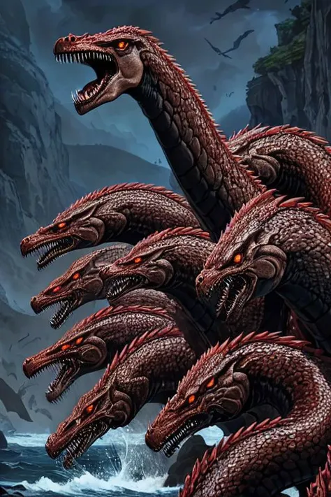 Hydra, false hydra, gigantic mass of flesh with (many heads:1.3), (blind, snarling, brownish gray:1.1), (very long necks:1.3), open roaring mouths, huge jagged teeth, enraged, nighttime