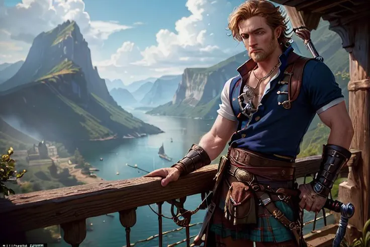 action shot,((Scottish King of the pirates))(1boy), dungeons and dragons (pirate), dashing, handsome, rogue, daring swashbuckler holding a sword, adventures, eyes glowing with greed, (loose white billowing shirt), hairy chest, leg up, dynamic action pose, dynamic angle,rugged middle aged 50 year old scoundrel, battle hardened, masculine aura, relaxed design, (standing on the deck of a pirate ship), (rich environment),detailed background, fantasy background, realistic, photorealistic, ultra realistic, 8k, (illustration:1.1), (perfect details:1.1), landscape, background, abstract, hard lighting, rim lighting, (8k) (best quality:1.4), (masterpiece:1.3), ultra-detailed <lora:add_detail:1> <lora:Reel_WHorror_1_2_9_ReWo_n:1> landscape, background,(intricate details, hyperdetailed:1.15) abstract, hard lighting, rim lighting, (8k) (best quality:1.4), (masterpiece:1.3), ultra-detailed <lora:add_detail:1> <lora:epi_noiseoffset2:1>,intricate artwork, sharp, 8k, breathtaking, crystalline, , filigree, hyperrealism, lush detail, poster, perfectionism, sharp focus, <lora:detail_slider_v4:2> <lora:eyes:1><lora:Elixir:1>