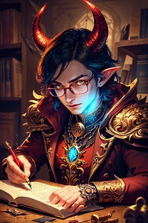 1boy, (nerdy demon)with red skin, pointy ears and horns, diabolic face with an evil smile. (tiefling, red skin, pointy ears, balls of fire:1.1), dynamic pose, ancient ruins, debris, facepaint, (epic and evil:1.1) <lora:RPGTiefling:0.6> with [golden|red] wilde,messy hair,  BREAK perfect detailed haughty face, glasses, detailed eyes, highly detailed,  glowing yellow eyes, rococo style french suit [gold | red] clothes), medium muscles, chains, BREAK Casting a spell ((  [green | yellow | blue]  color of spell casting  )), studying ((holding [quill pen | book] at a messy desk )), in frozen hell, acid pools, rusted metal, [creature | human] skulls, (illustration:1.1), (perfect details:1.1), landscape, background,(intricate details, hyperdetailed:1.15) abstract, hard lighting, rim lighting,  (8k) (best quality:1.4), (masterpiece:1.3), ultra-detailed  <lora:add_detail:1>   <lora:epi_noiseoffset2:1>,intricate artwork, sharp, 8k, breathtaking, crystalline, , filigree, hyperrealism, lush detail, poster, perfectionism, sharp focus, <lora:detail_slider_v4:2> <lora:eyes:1><lora:Elixir:1>