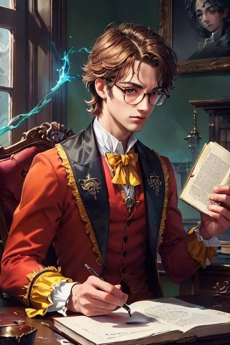 1boy, (nerdy demon) with [golden|red] wilde,messy hair,  BREAK perfect detailed haughty face, glasses, detailed eyes, highly detailed,  glowing yellow eyes, rococo style french suit [gold | red] clothes), medium muscles, chains, BREAK Casting a spell ((  [green | yellow | blue]  color of spell casting  )), studying ((holding [quill pen | book] at a messy desk )), in frozen hell, acid pools, rusted metal, [creature | human] skulls, (illustration:1.1), (perfect details:1.1), landscape, background,(intricate details, hyperdetailed:1.15) abstract, hard lighting, rim lighting,  (8k) (best quality:1.4), (masterpiece:1.3), ultra-detailed  <lora:add_detail:1>   <lora:epi_noiseoffset2:1>,intricate artwork, sharp, 8k, breathtaking, crystalline, , filigree, hyperrealism, lush detail, poster, perfectionism, sharp focus, <lora:detail_slider_v4:2> <lora:eyes:1><lora:Elixir:1>