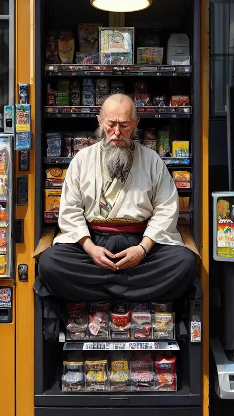 very old wise man, (meditating:1.1), on vending machine, japan, long beard, bald, white hair, very strong sun, traditional, outside