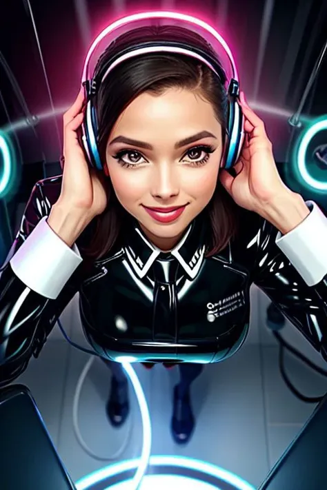 professional detailed photo of (latex office woman) being (brainwashed by mind control spiral headphones), (latex white office blouse and pencil skirt:1), (office high heels:1), Mind Control Empty Eyes, Brainwashed facial expression, creepy crazy smile, (Brainwashing), (Mind Control), (Mind control headphones),