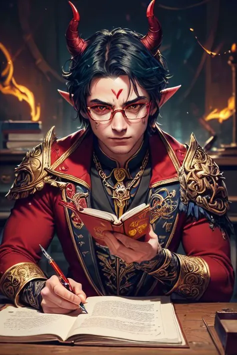1boy, (nerdy demon)with red skin, pointy ears and horns, diabolic face with an evil smile. (tiefling, red skin, pointy ears, balls of fire:1.1), dynamic pose, ancient ruins, debris, facepaint, (epic and evil:1.1) <lora:RPGTiefling:0.6> with [golden|red] wilde,messy hair,  BREAK perfect detailed haughty face, glasses, detailed eyes, highly detailed,  glowing yellow eyes, rococo style french suit [gold | red] clothes), medium muscles, chains, BREAK Casting a spell ((  [green | yellow | blue]  color of spell casting  )), studying ((holding [quill pen | book] at a messy desk )), in frozen hell, acid pools, rusted metal, [creature | human] skulls, (illustration:1.1), (perfect details:1.1), landscape, background,(intricate details, hyperdetailed:1.15) abstract, hard lighting, rim lighting,  (8k) (best quality:1.4), (masterpiece:1.3), ultra-detailed  <lora:add_detail:1>   <lora:epi_noiseoffset2:1>,intricate artwork, sharp, 8k, breathtaking, crystalline, , filigree, hyperrealism, lush detail, poster, perfectionism, sharp focus, <lora:detail_slider_v4:2> <lora:eyes:1><lora:Elixir:1>