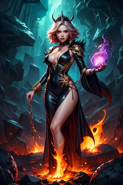 demonic queen messy hair, [red | white] hair,  [orange | purple] eyes, horrific long laced [gold | black] dress, medium breasts, chains, ((casting [purple | white] spell:1.2)), in hell, molten lava, rocks, [creature | human] skulls, (illustration:1.1), (perfect details:1.1), landscape, background, abstract, hard lighting, rim lighting,  (8k) (best quality:1.4), (masterpiece:1.3), ultra-detailed  <lora:add_detail:1>   <lora:epi_noiseoffset2:1>