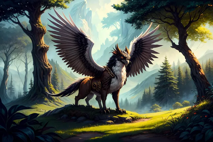 royal gryphon, [gold | white] fur,  [orange | purple] eyes,  [gold | black] armor, chains, heavenly design, (standing on a hill),  ((tree [white | purple] leaves)) , (illustration:1.1), (perfect details:1.1), landscape, background, abstract, hard lighting, rim lighting,  (8k) (best quality:1.4), (masterpiece:1.3), ultra-detailed  <lora:add_detail:1>   <lora:epi_noiseoffset2:1>