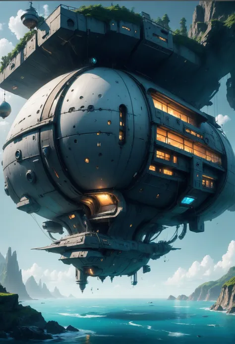 mysterious,cozy scifi settlement in a Open Ocean