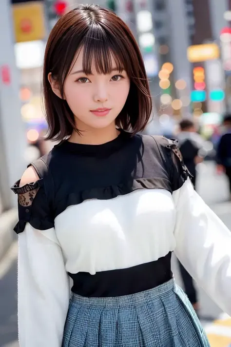 (skin blemish:1.2), (skindentation), black eye, 1woman, 25yo, (((woman))), solo, realistic, best quality, photorealistic, masterpiece, 8k, high res, solo, extremely detailed face, (professional lighting, bokeh), (light particles, lens flare, glowing particles:0.6), (dynamic pose:1.2), soft lighting, top angle view, fashionable and trendy atmosphere, japan, street, tokyo, city, ((daytime)), sky, ((looking at the viewer:1)), (looking at the camera),(portrait:0.6), cowboy shot, gorgeous, standing, keep original facial proportion, wide shoulder, full body, (medium breast), (medium hair), brown hair, floating hair, seductive smile, lips, lipstick, open mouth, teeth, laugh, floating hair, (sleeves-less white blouse), (jumper skirt), eyelashes, mole, (mole under eye:1), <lora:AV_KoizumiH:0.8>