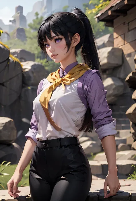 (masterpiece, best quality), 1girl,   <lora:FighterGS:0.8> FighterGS, 1girl, solo, long hair, black hair, purple eyes, ponytail, shirt, black pants,