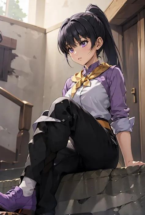 (masterpiece, best quality), 1girl,   <lora:FighterGS:0.8> FighterGS, 1girl, solo, long hair, black hair, purple eyes, ponytail, shirt, black pants,