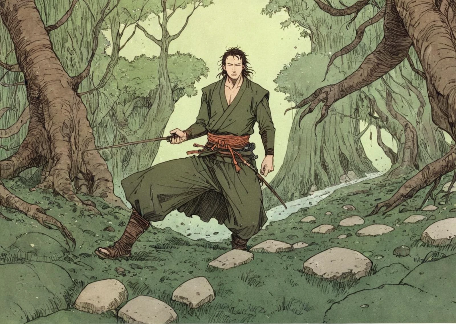 fantasy illustration,anime,art by Tsutomu Nihei,manga,oil paint;
closeup,earthbender,samurai,intricate green tattoos,using rock powers to bend stone with his hands,kamekameha,dirt storm,mini tornado,edo period japan,weeping willow swamp tree;, <lora:lsdaemon0:1>,benedict cumberbatch,man,, <lora:moebzxl:0.5>, by moebius, masterpiece, best quality, intricate, highly detailed:1.1, drawing, concept art by Jean Giraud, cinematic film still of <lora:volumetric lighting:0.5> volumetric lighting style