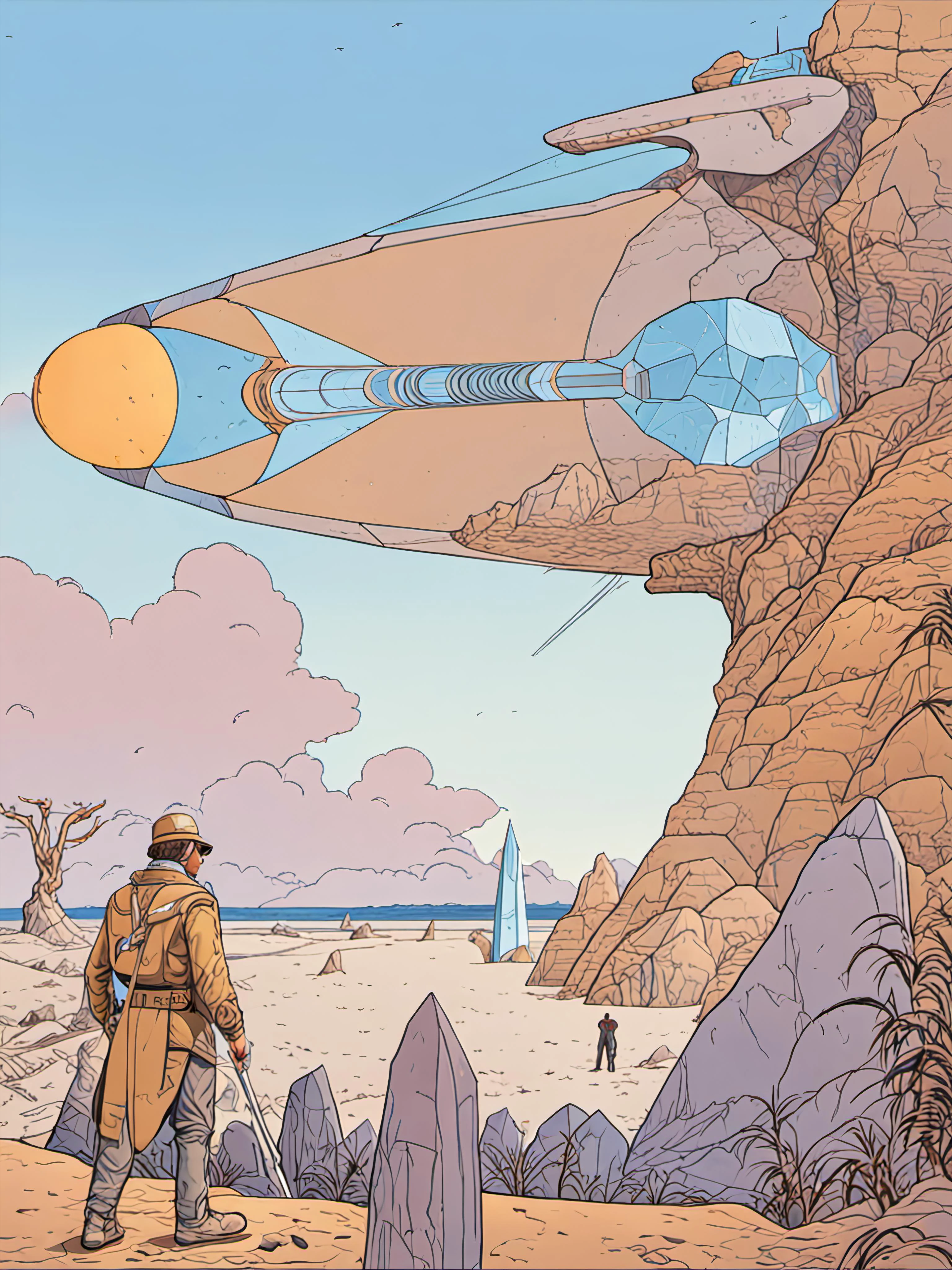 a man standing in front of a large crystal obelisk by moebius, masterpiece, best quality, intricate, highly detailed:1.1, digital painting, octane render, artstation, concept art, visionary art,