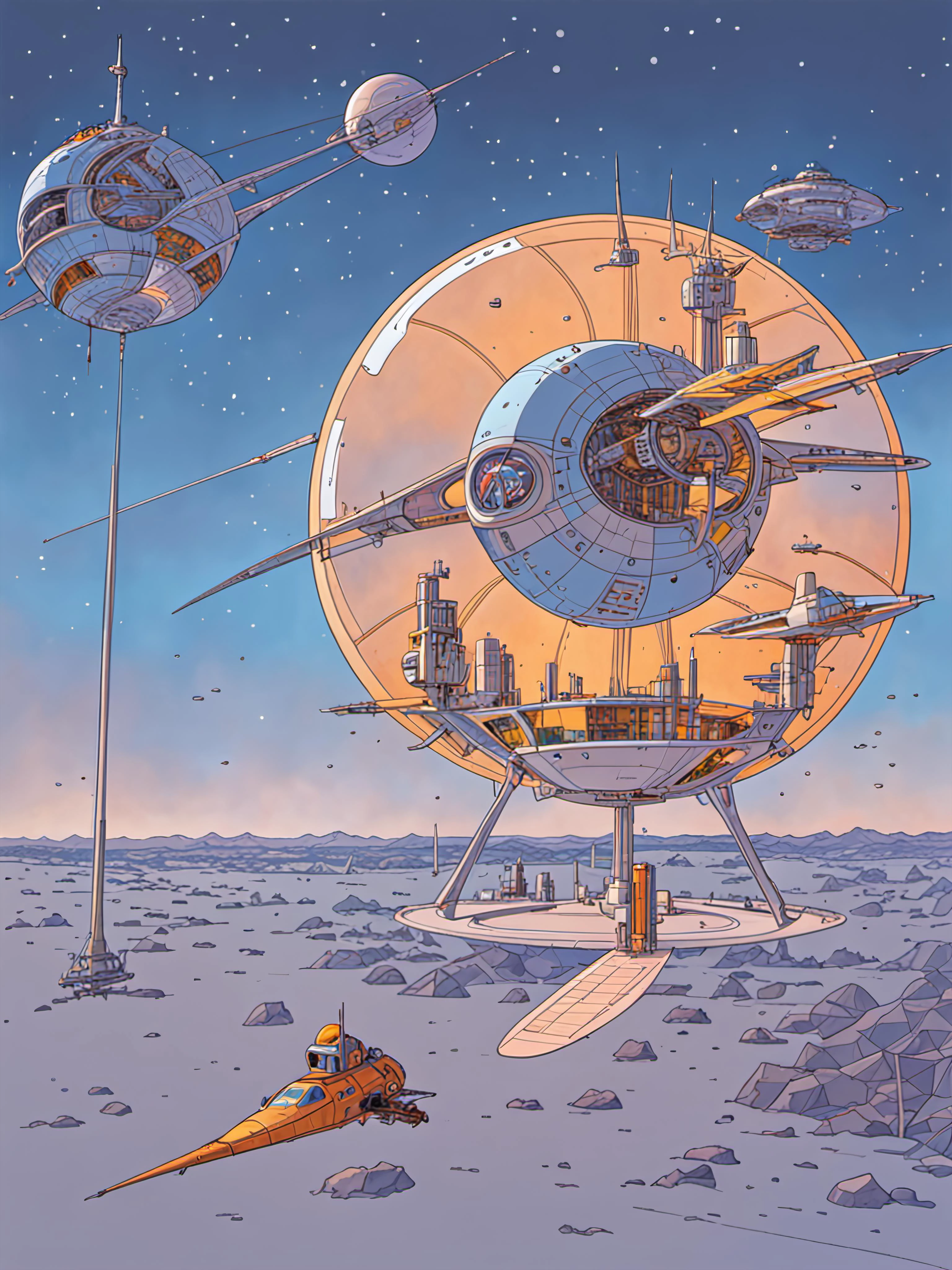 a futuristic spacestation floating above earth, cyberpunk solarpunk by moebius, masterpiece, best quality, intricate, highly detailed:1.1, drawing, Jean Giraud