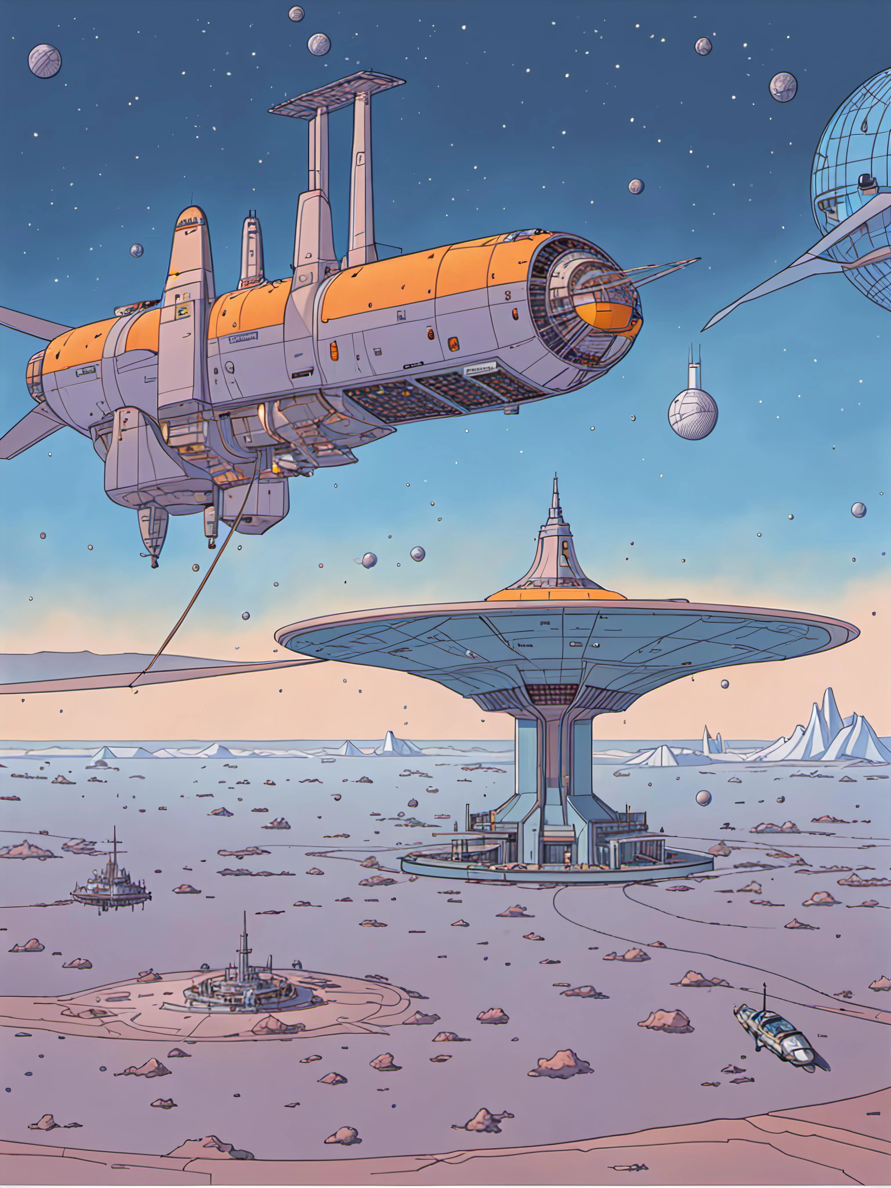 a futuristic spacestation floating above earth, cyberpunk solarpunk by moebius, masterpiece, best quality, intricate, highly detailed:1.1, drawing, Jean Giraud