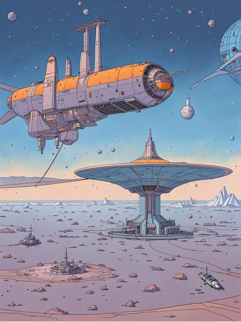 a futuristic spacestation floating above earth, cyberpunk solarpunk by moebius, masterpiece, best quality, intricate, highly detailed:1.1, drawing, Jean Giraud
