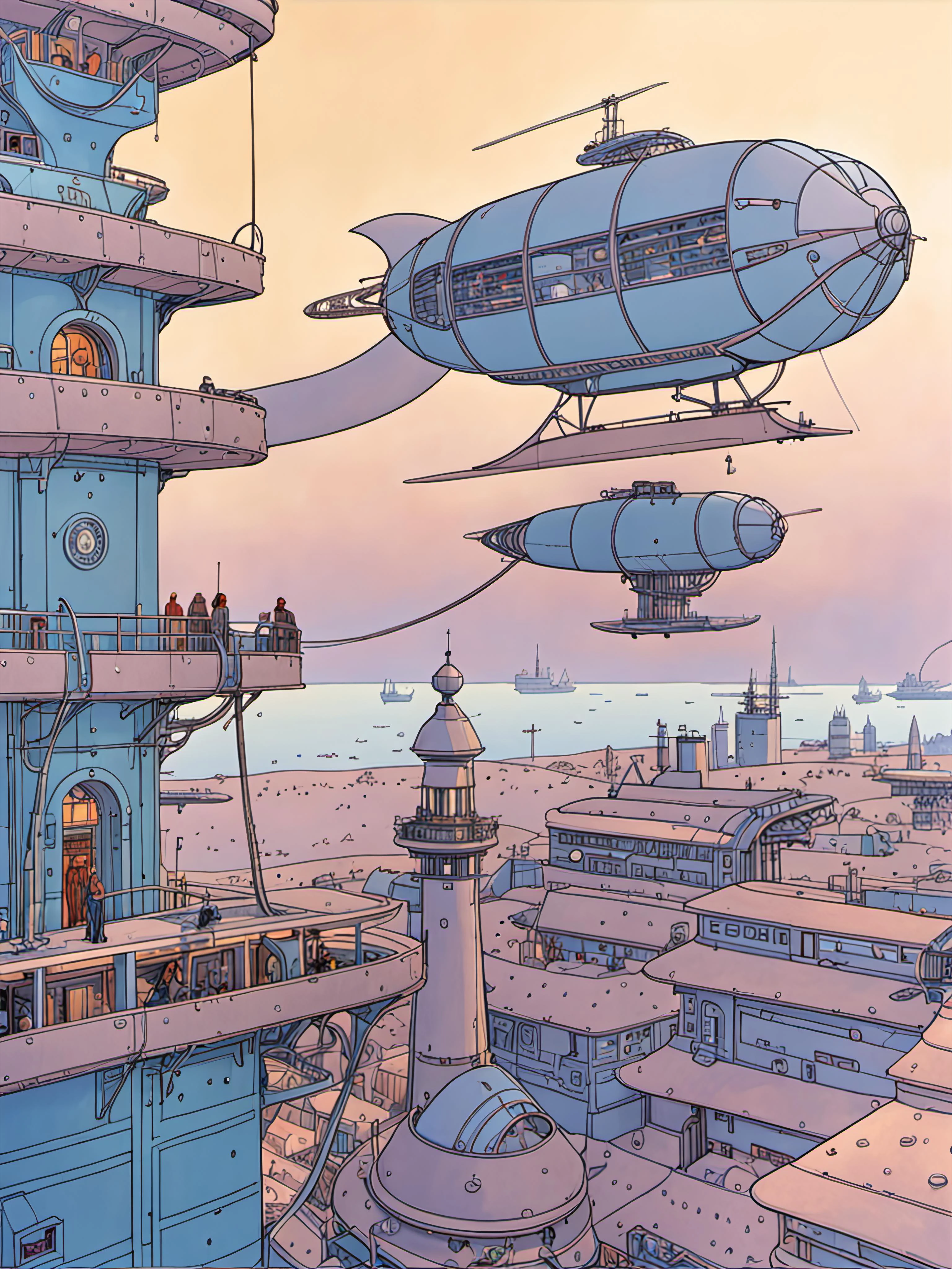 a city made of floating airships cyberpunk solarpunk by moebius, masterpiece, best quality, intricate, highly detailed:1.1, drawing, Jean Giraud