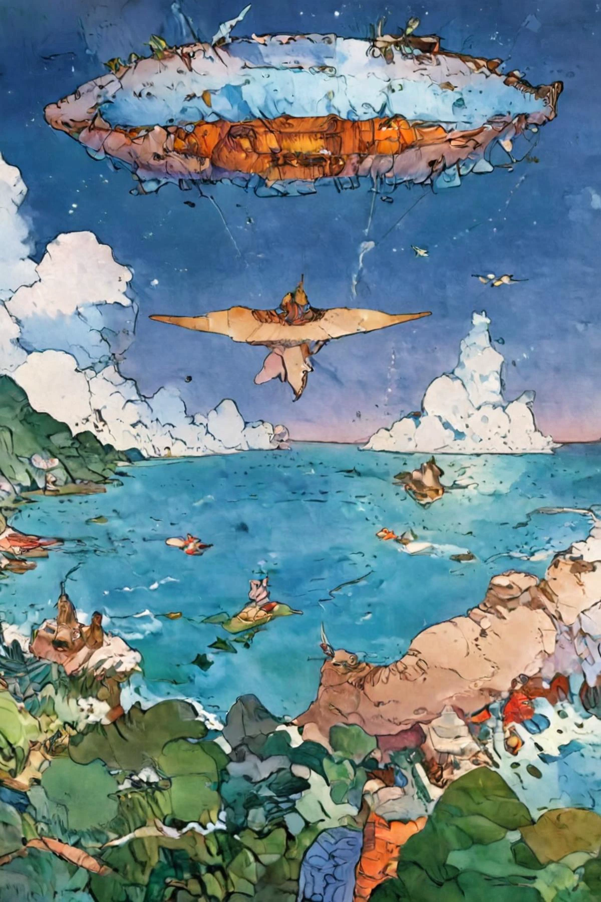 A digital artwork of a floating island in a high fantasy realm, suspended in the sky by mystical forces, elaborate towers and gardens on the island, dragons circling above. Clear blue skies, vibrant and imaginative setting. Created Using: aerial perspective, vivid imagery, fantastical architecture, lush gardens, majestic, dynamic, surreal, whimsical, breathtaking
(RAW photo:1.2), (photorealistic:1.4),(masterpiece:1.4),(best quality:1.4),ultra high res,((detailed facial features)),HDR,8k resolution,(masterpiece:1.4),(best quality:1.4),(shiny skin)<lora:add-detail-xl:2> <lora:great_lighting:1> great lighting <lora:detailed_notrigger:1> <lora:neg4all_bdsqlsz_xl_V91:1> <lora:xl_more_art-full_v1:0.5> <lora:moebzxl:1> moebzxl, moebius, Jean Giraud