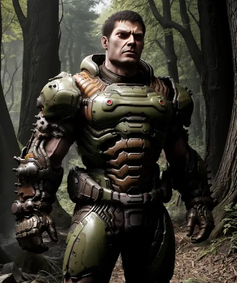 helmetless_doomguy, short hair, male focus, 1boy, (standing), forest, armor <lora:Helmetless_Doomguy-15(1):0.8>