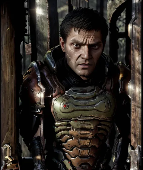 helmetless_doomguy, short hair, male focus, 1boy, (standing), forest, armor <lora:Helmetless_Doomguy-15(1):0.8> <lora:Andrei_Tarkovsky_Style-20 (1):1> by_andrei_tarkovsky