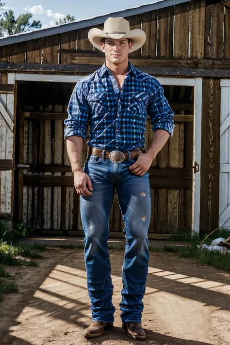 outdoors, standing in front of barn, muscular TommyRegan, slight smile, sexycowboy, cowboy hat, plaid shirt, denim blue jeans, belt, shiny silver belt buckle, masterpiece, (((full body portrait))), ((full body)), wide angle, (looking at viewer), highly detailed, (high skin detail), (high face detail), photorealistic, RAW photo, soft lighting, high quality <lora:Clothing - Sexy Cowboy:0.65> <lora:TommyRegan:0.7>