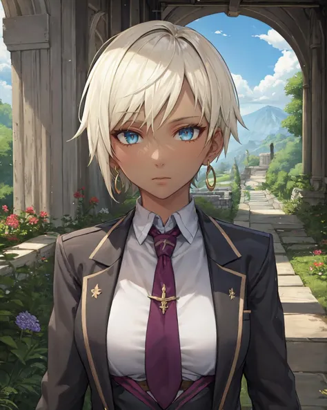 best quality, (masterpiece:1.2), illustration, absurdres,
(1girl, solo, beautiful detailed girl), (upper body, portrait),
<lora:Naje-08:0.9>, Naje Berca, blonde hair, short hair, blue eyes, medium breasts,
black suit, black gloves, purple neckwear, jewelry, earrings,
stoic, calm, looking at viewer,
magical forest, flowers, fairy ring, glowing plants, ancient ruins, stone ruins, sky, clouds,
sprinting,