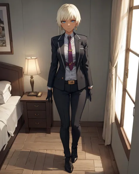 best quality, (masterpiece:1.2), illustration, absurdres,
(1girl, solo, beautiful detailed girl), full body,
<lora:Naje-08:0.9>, Naje Berca, blonde hair, short hair, blue eyes, medium breasts,
black suit, black gloves, purple neckwear, jewelry, earrings,
stoic, calm, looking at viewer,
inside hotel room, bed, nightstand, window, curtains, flower vase, lamp,
agura,