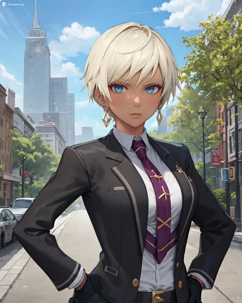 best quality, (masterpiece:1.2), illustration, absurdres,
(1girl, solo, beautiful detailed girl), (upper body, portrait),
<lora:Naje-08:0.9>, Naje Berca, blonde hair, short hair, blue eyes, medium breasts,
black suit, black gloves, purple neckwear, jewelry, earrings,
stoic, calm, looking at viewer,
park, city, tall buildings, street, tree, sky, clouds, day,
hands on hips,