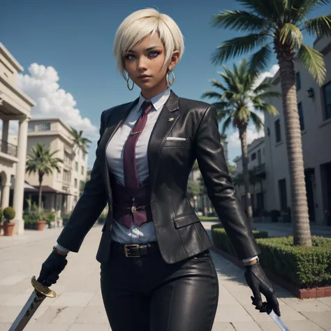 <lora:Naje-08:0.9>, Naje Berca, platinum blonde hair, (pixie haircut:1.2), medium breasts, suit, (black outfit:1.2), black gloves, purple neckwear, jewelry, earrings, feint smile, serious face, arab woman, dark skin, (scimitar sword), battle stance,
outside luxurious hotel, oasis, palm trees,
4k, RAW, high detailed skin, 8k uhd, soft lighting,
(masterpiece), (best quality:1.2), absurdres, (intricate details:0.2),
(teal eyes), <lora:more_details:0.3>
