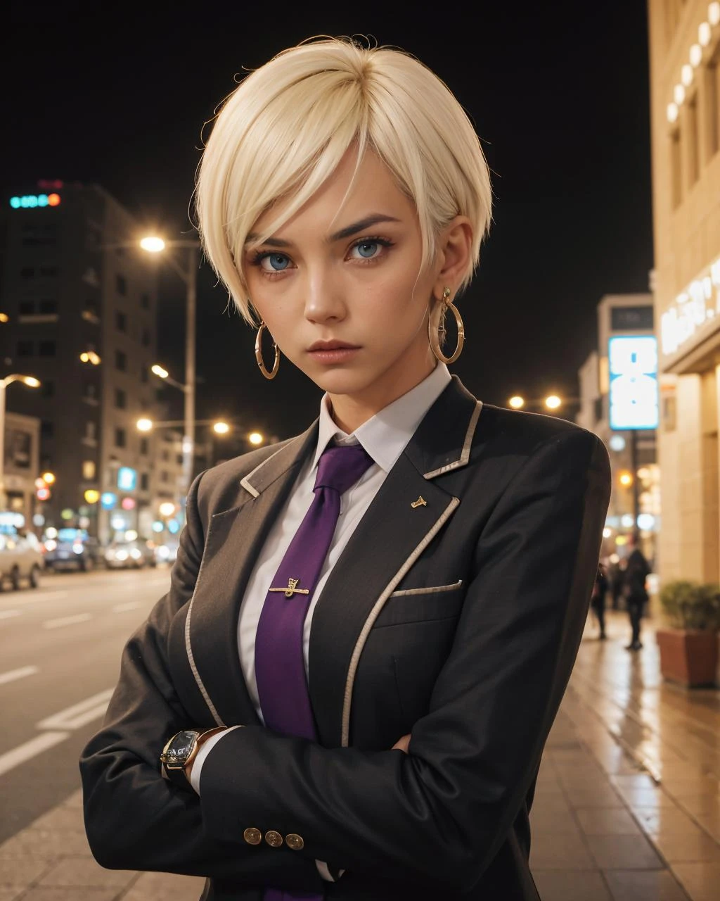 portrait of <lora:Naje-08:0.8>, Naje Berca, platinum blonde hair, short hair, azure eyes, medium breasts, black suit, black gloves, purple neckwear, jewelry, earrings, stern look, serious face, crossed arms,
in the streets of (Dubai:1.3), middle east background,
4k, RAW, high detailed skin, 8k uhd, soft lighting,
(masterpiece), (best quality:1.2), absurdres, (intricate details:0.2)