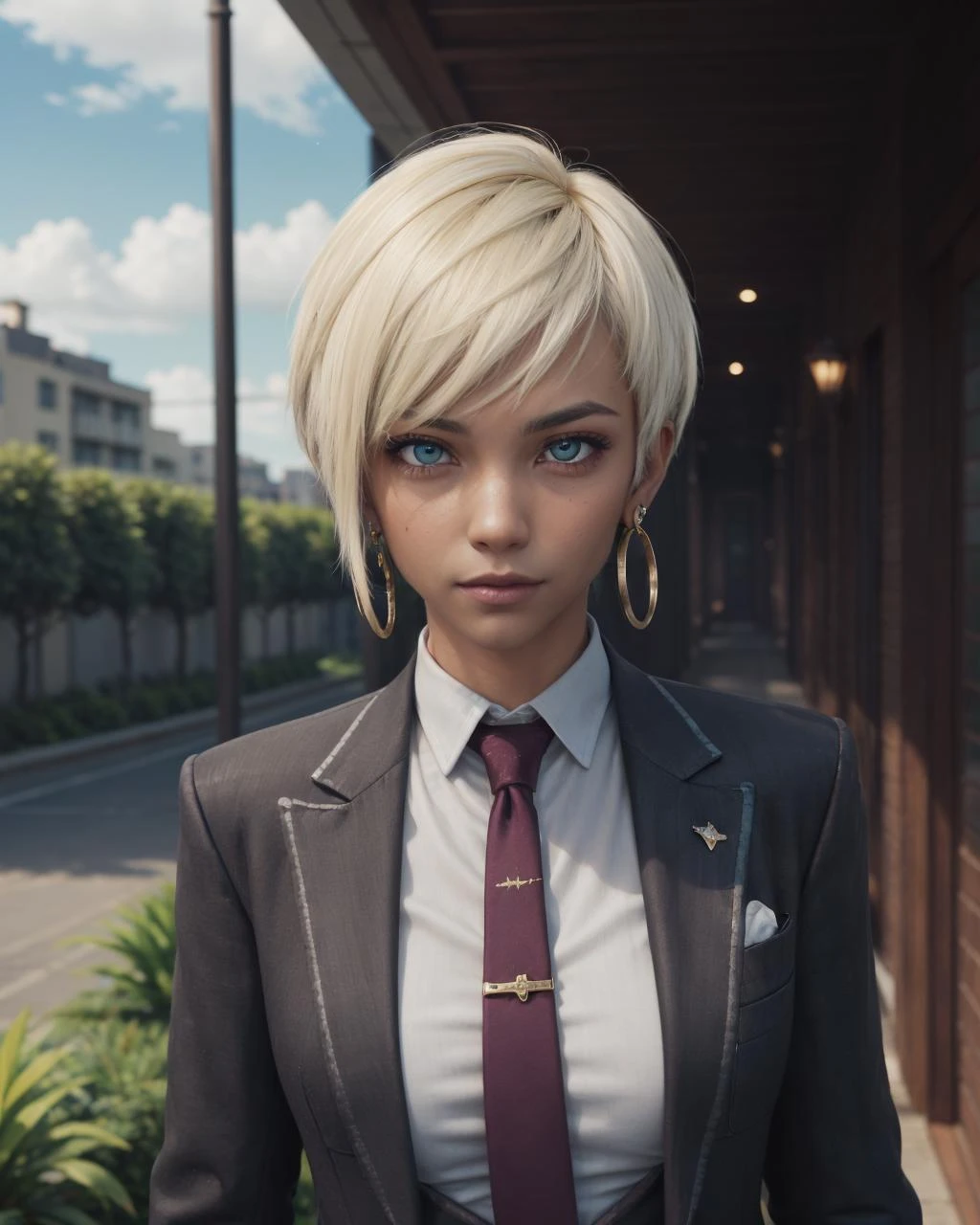 portrait of <lora:Naje-08:0.9>, Naje Berca, platinum blonde hair, (pixie haircut:1.2), medium breasts, suit, (black outfit:1.2), black gloves, purple neckwear, jewelry, earrings, feint smile, serious face, arab woman, dark skin, (scimitar sword),
outside luxurious hotel, oasis, palm trees,
4k, RAW, high detailed skin, 8k uhd, soft lighting,
(masterpiece), (best quality:1.2), absurdres, (intricate details:0.2),
(teal eyes), <lora:more_details:0.3>