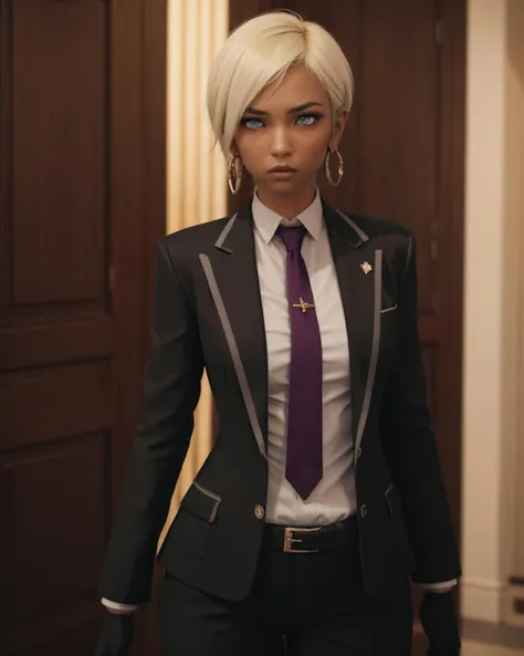 portrait of <lora:Naje-08:0.9>, Naje Berca, platinum blonde hair, short pixie hair, medium breasts, suit, (black outfit:1.2), black gloves, purple neckwear, jewelry, earrings, stern look, serious face, hand on hips, arab woman, (dark skin),
luxurious hotel,
4k, RAW, high detailed skin, 8k uhd, soft lighting,
(masterpiece), (best quality:1.2), absurdres, (intricate details:0.2),
(teal eyes)