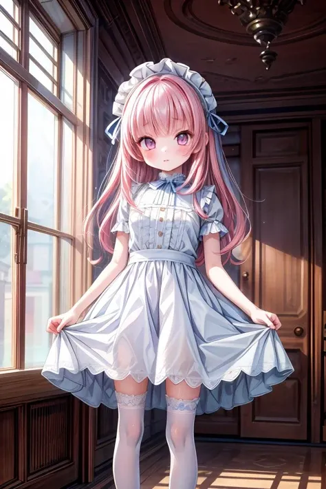 (masterpiece, best quality), 1girl, blue and white frill dress, (white stockings), pink hair, cute face, standing, indoor, intricate detail, sunlight, <lora:add_detail:1>