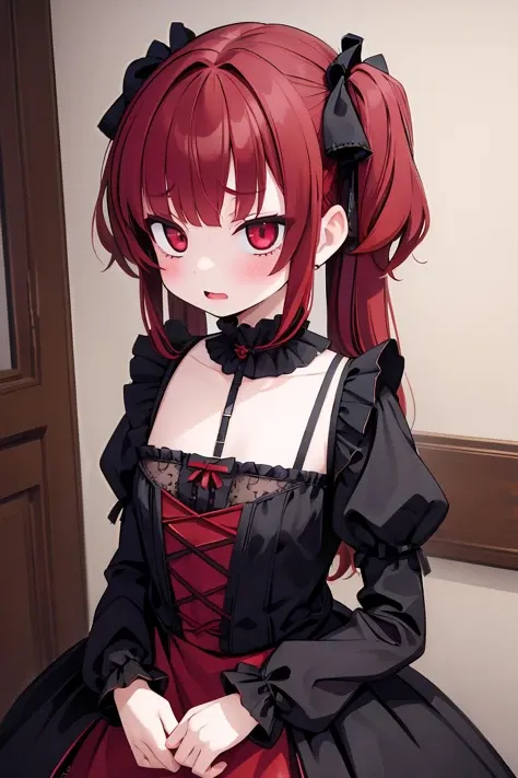 (masterpiece, best quality), 1girl, red hair, medium chest, gothic frill dress, pervert face,