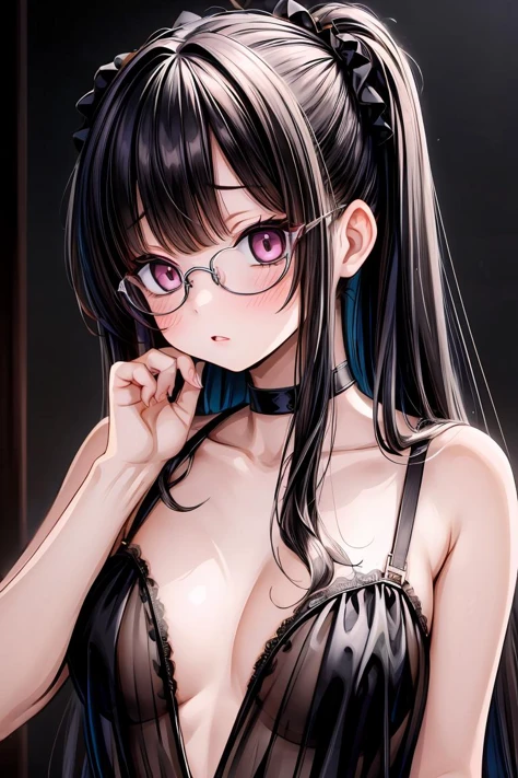 (masterpiece, best quality), 1girl, messy hair, choker, black silk pajamas, see-through, glasses, <lora:add_detail:1>