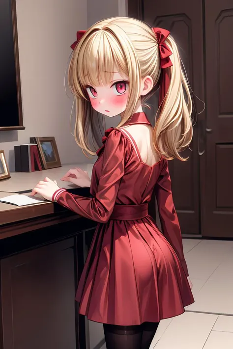 (masterpiece, best quality), 1girl, blonde hair, red dress, pantyhose, cute face, blush, <lora:add_detail:1>