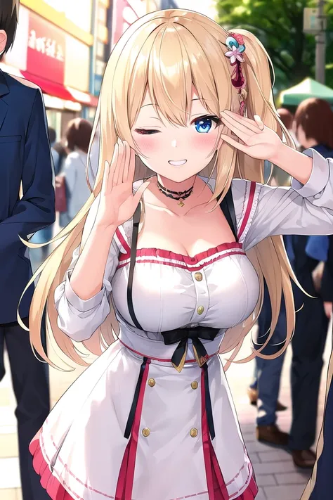 insanely detailed, absurdres, ultra-highres, ultra-detailed, best quality,
1 girl, solo, nice hands, perfect hands,
BREAK,
(one eye closed, wink:1.2),
(wearing harajuku-style coordinate),
happy smile, laugh, closed mouth,
standing,salute,
from front, cowboy shot, looking at viewer,
BREAK,
slender, kawaii, perfect symmetrical face, ultra cute girl, ultra cute face, ultra detailed eyes, ultra detailed hair, ultra cute, ultra beautiful,
by Canon EOS, SIGMA Art Lens 35mm F1.4, ISO 200 Shutter Speed 2000,
BREAK,
in harajuku, shibuya, tokyo, street, crowd, cityscape,
medium large breasts,
BREAK,
(white) blonde hair, medium hair, messy hair, blue eyes, hair between eyes
<lora:rightwink_v120:1>