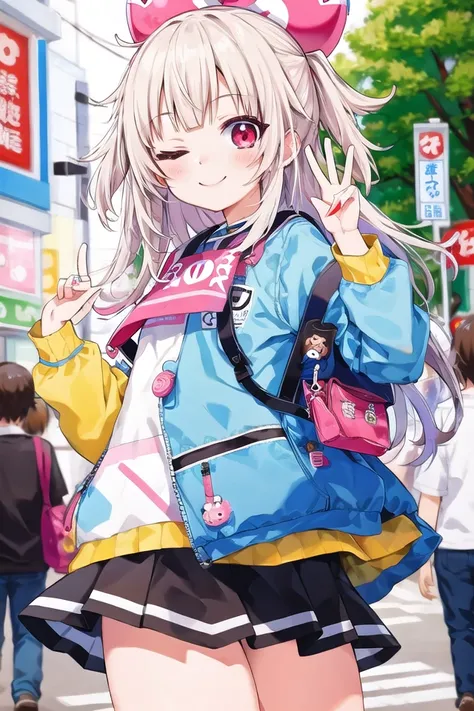 insanely detailed, absurdres, ultra-highres, ultra-detailed, best quality,
1 girl, solo, nice hands, perfect hands,
BREAK,
one eye closed, wink,
(wearing harajuku-style coordinate),
happy smile, laugh, closed mouth,
dynamic pose, cowboy shot, looking at viewer,
BREAK,
slender, kawaii, perfect symmetrical face, ultra cute girl, ultra cute face, ultra detailed eyes, ultra detailed hair, ultra cute, ultra beautiful,
by Canon EOS, SIGMA Art Lens 35mm F1.4, ISO 200 Shutter Speed 2000,
in harajuku, shibuya, tokyo, street, crowd, cityscape,
medium breasts, (cleavage:-1.5),
BREAK,
(white medium hair, dark red eyes)
<lora:rightwink_v120:1>