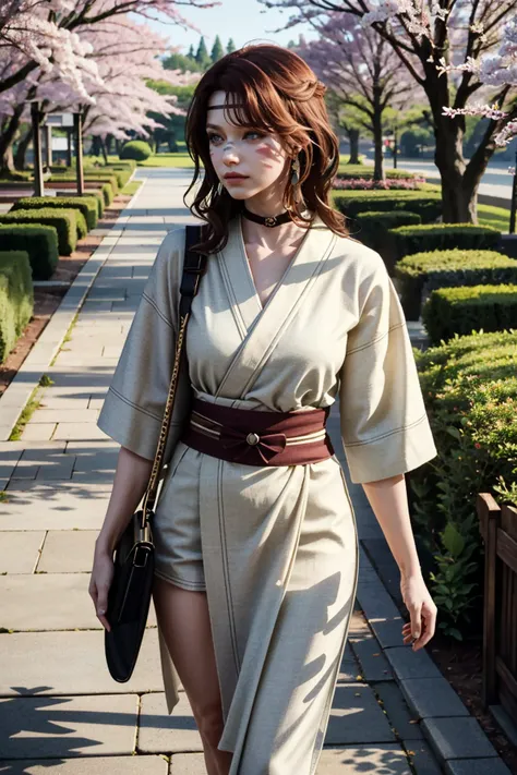 ((ultra detailed, masterpiece, absurdres))
 <lora:LADanika:0.8>
LADanika, 1girl, long hair, brown hair, face paint, walking in a serene Japanese park with cherry blossoms, yukata, and a hair ornament